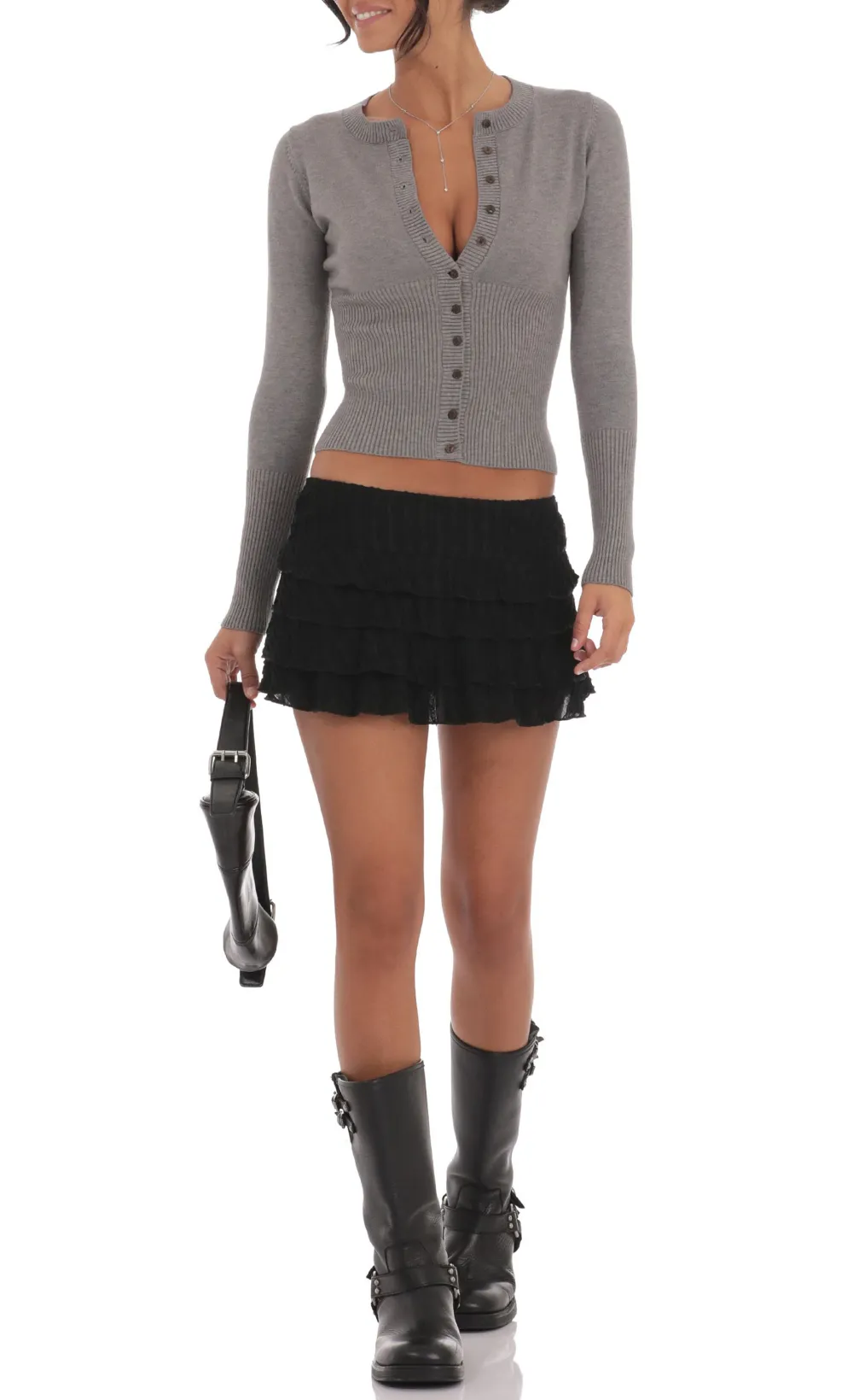 Cinch Waist Cardigan In Grey