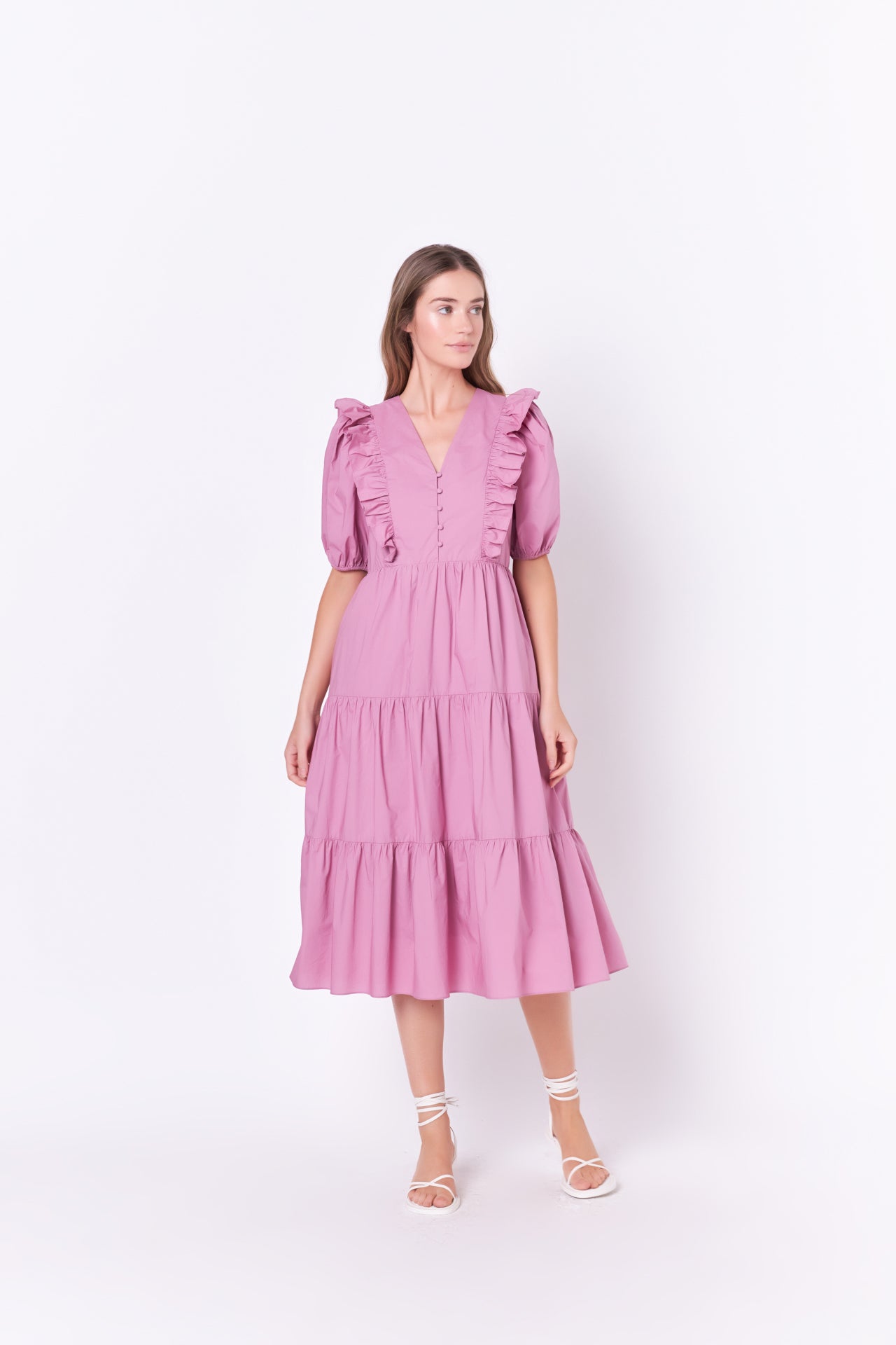 Ruffle Detail Puff Sleeve Midi Dress