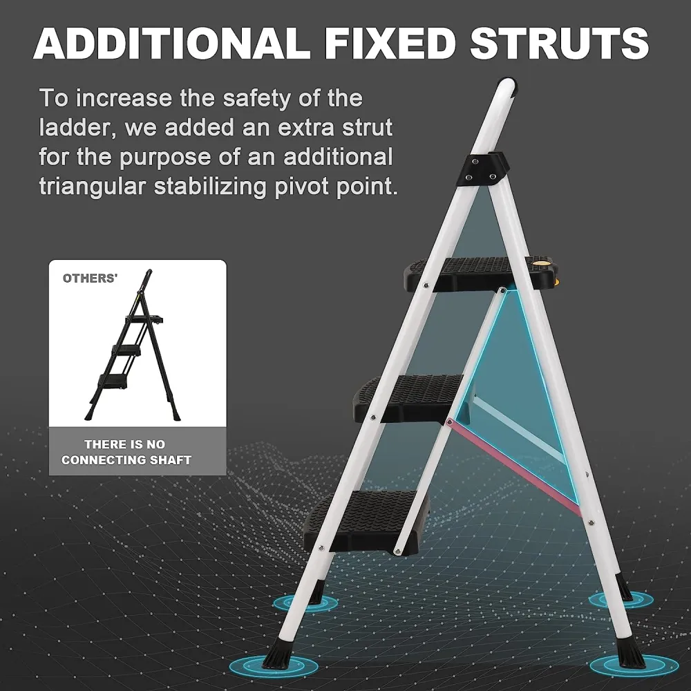 3 Step Ladder, Folding Step Stool with Wide Anti-Slip Pedal, 500lbs Sturdy Steel Ladder, Convenient Handgrip, Lightweight, Portable Steel Step Stool, Black