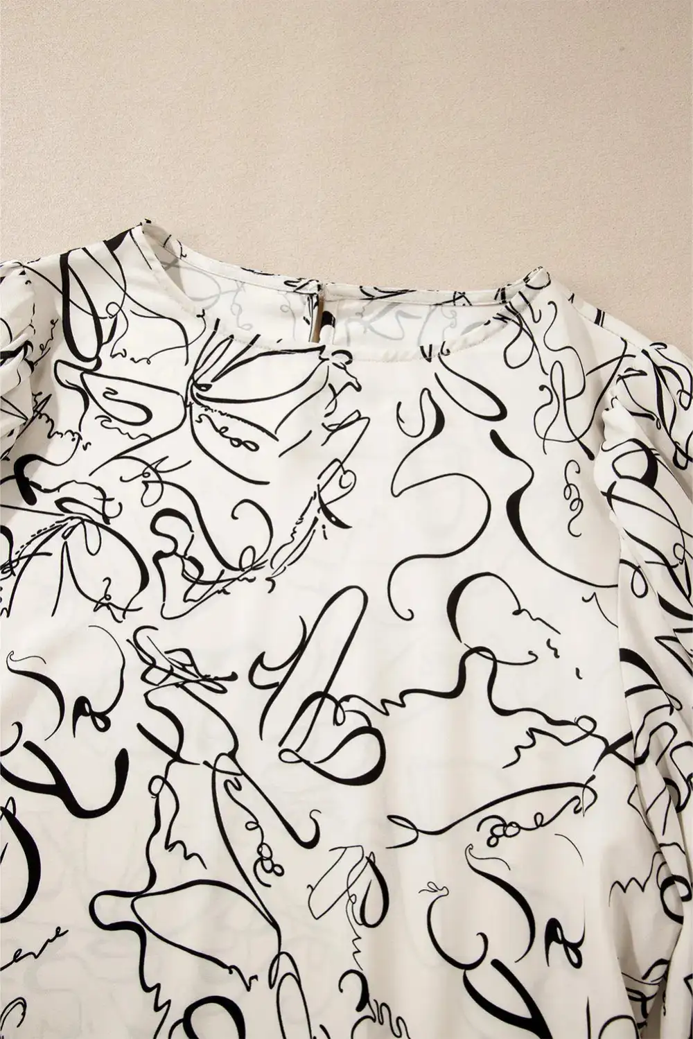 Abstract Print Crew Neck Puff Sleeve Blouse