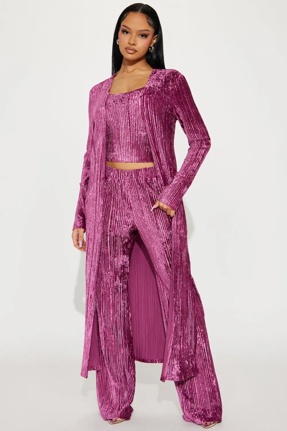 Carrie 3 Piece Velvet Plisse Pant Set - Plum