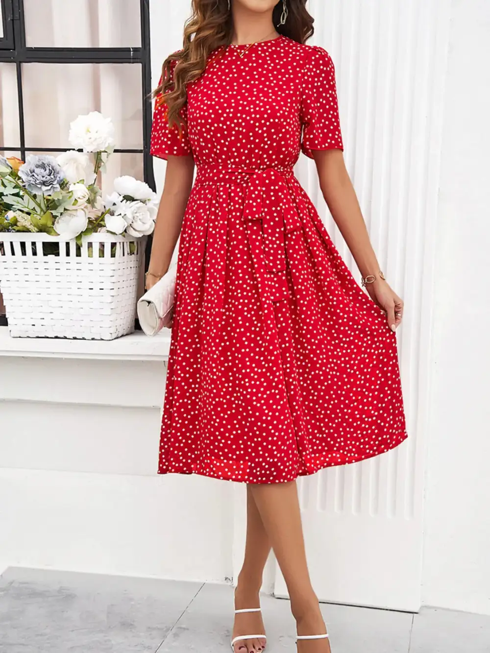 Printed Round Neck Short Sleeve Casual Dress