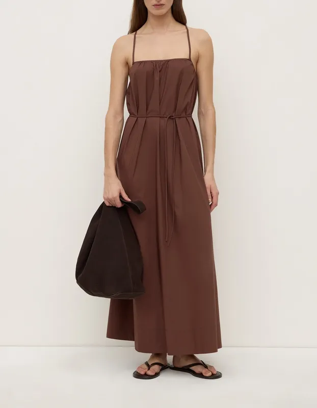Espresso Tie-Back Cotton Maxi Dress