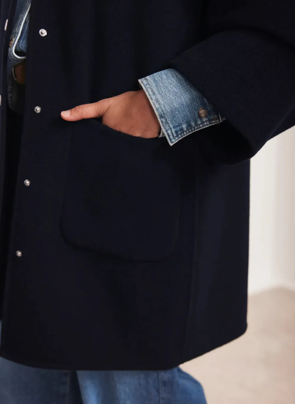 Casual Style Navy Wool Finished Coat