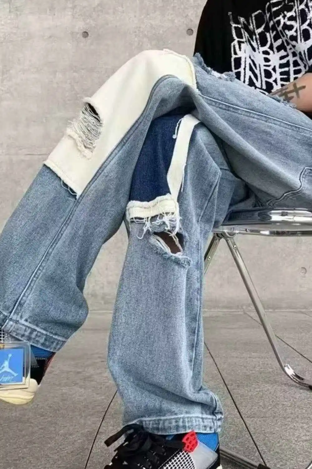 Ripped Patchwork Wide Leg Jeans
