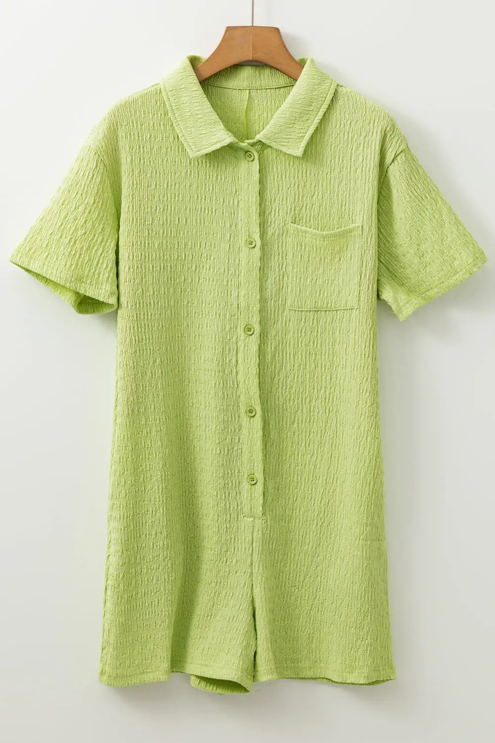 Textured Short Sleeve Patched Pocket Buttoned Shirt Romper