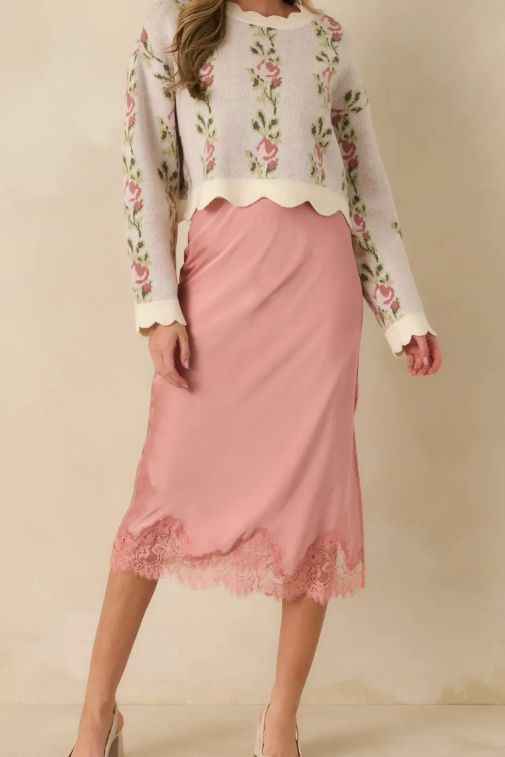 Call Me Later Blush Satin Lace Trim Midi Skirt