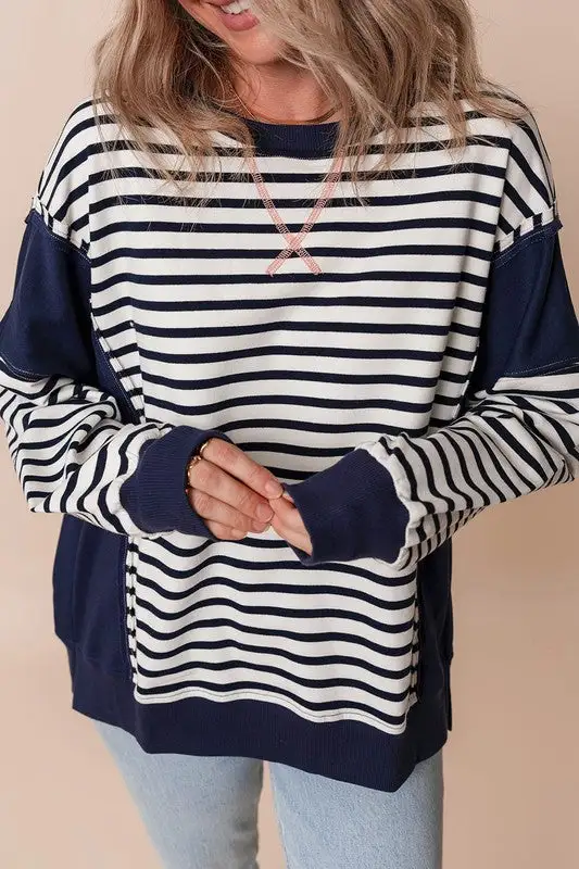 Stripe Patchwork Exposed Seam Loose Fit Sweatshirt