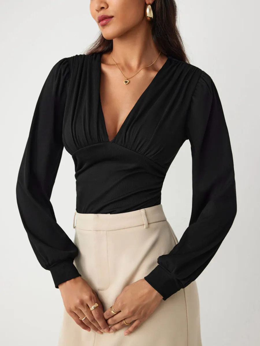 Jersey V-Neck Solid Ruched Bodysuit