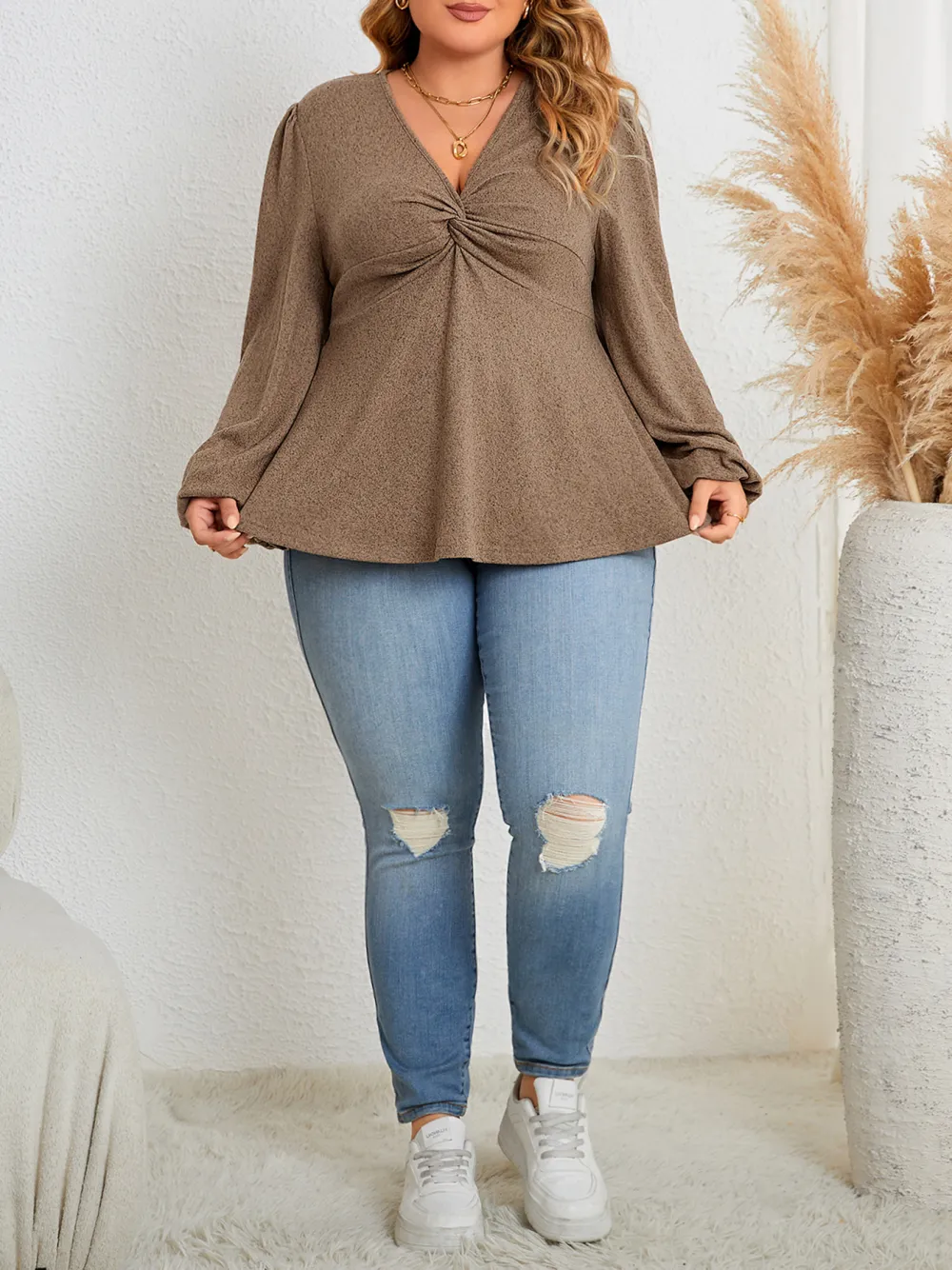 Fashion Plus Size Women Solid Color V Neck Long Sleeved Casual Tops