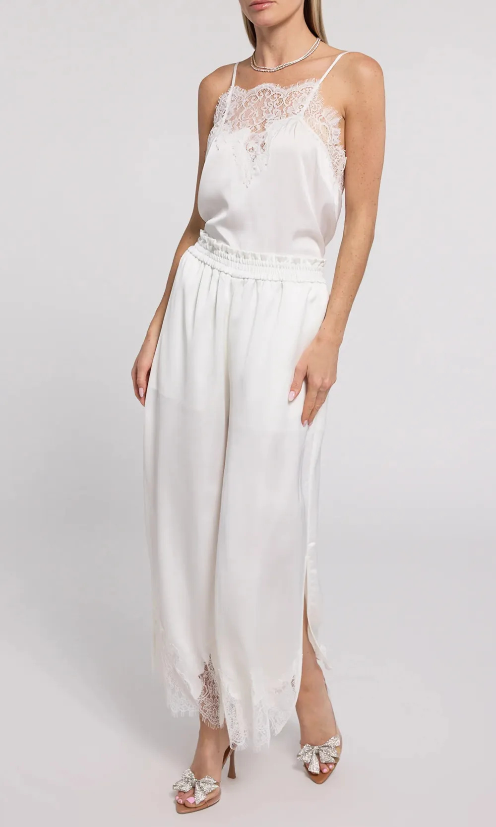 White Lace Panel Satin Pants
