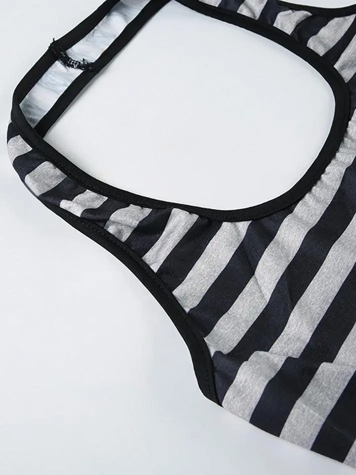 Halter Backless Rhinestone Striped Tank Top