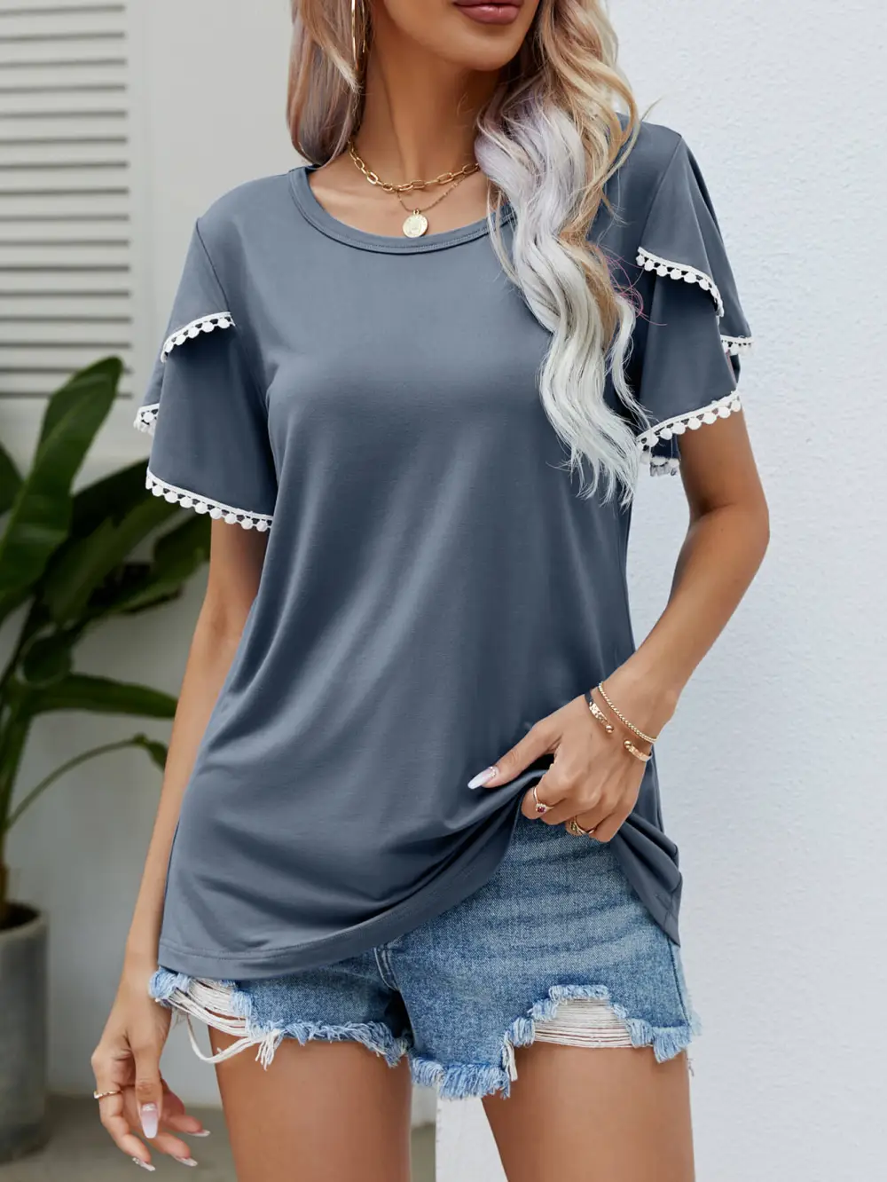 Pom-Pom Trim Flutter Sleeve Round Neck Tee