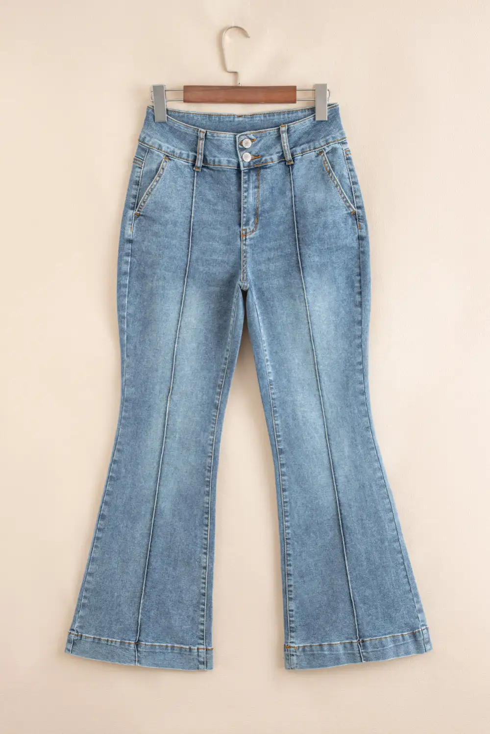 Button High Waist Piping Trim Bootcut Jeans