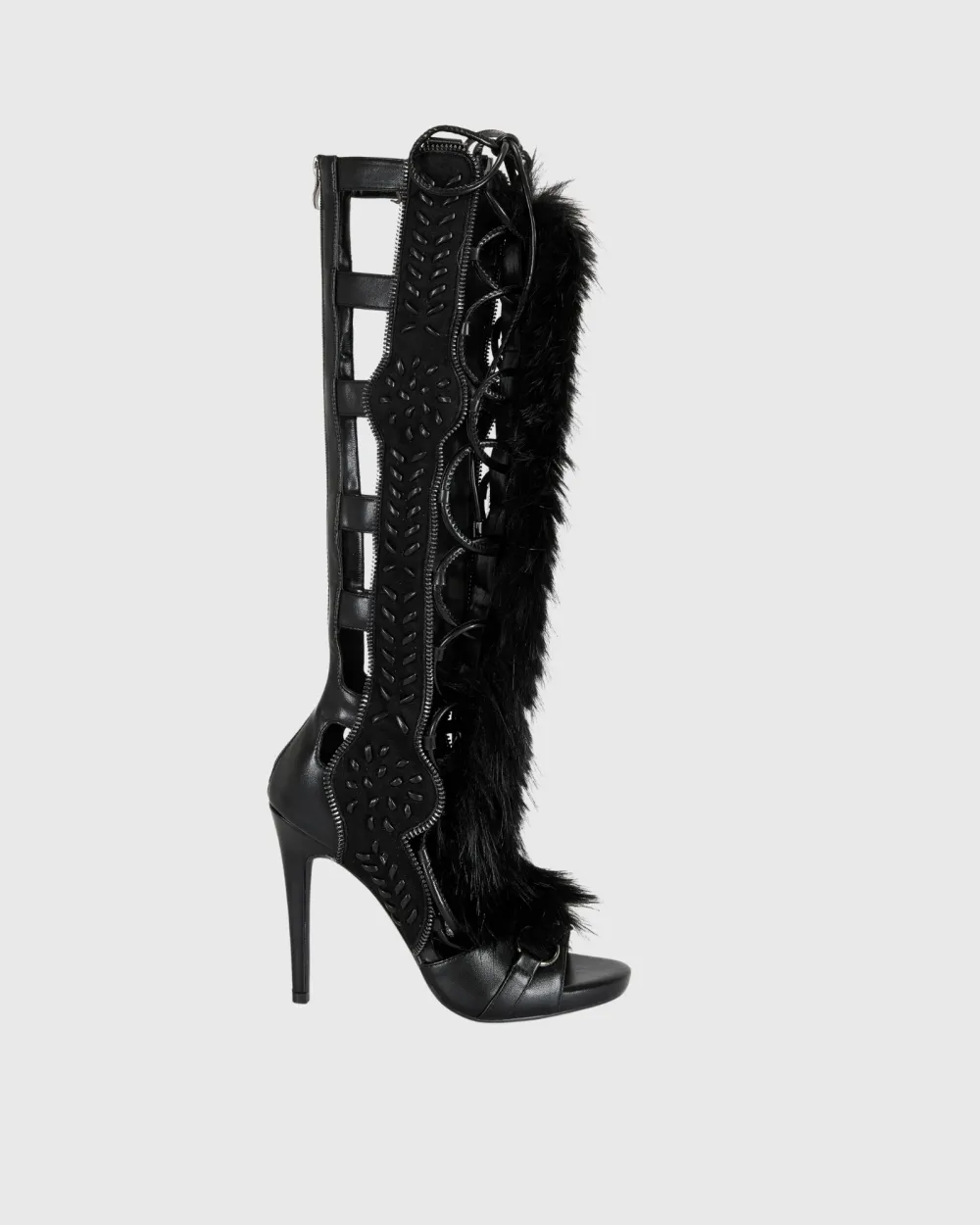Faux Fur Knee High Sandals in All Black