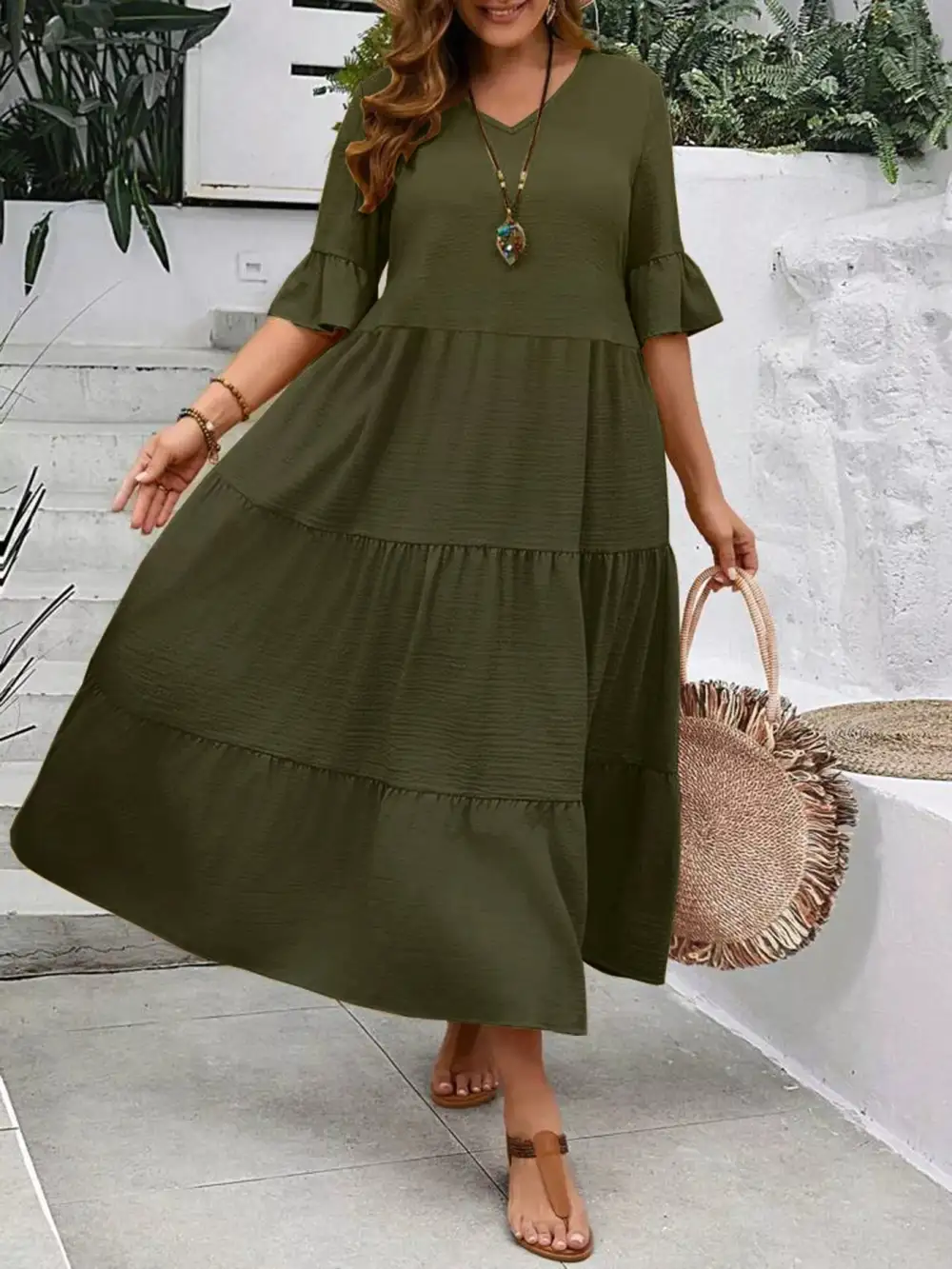 Plus Size Ruffle Sleeves Tiered Midi Dress