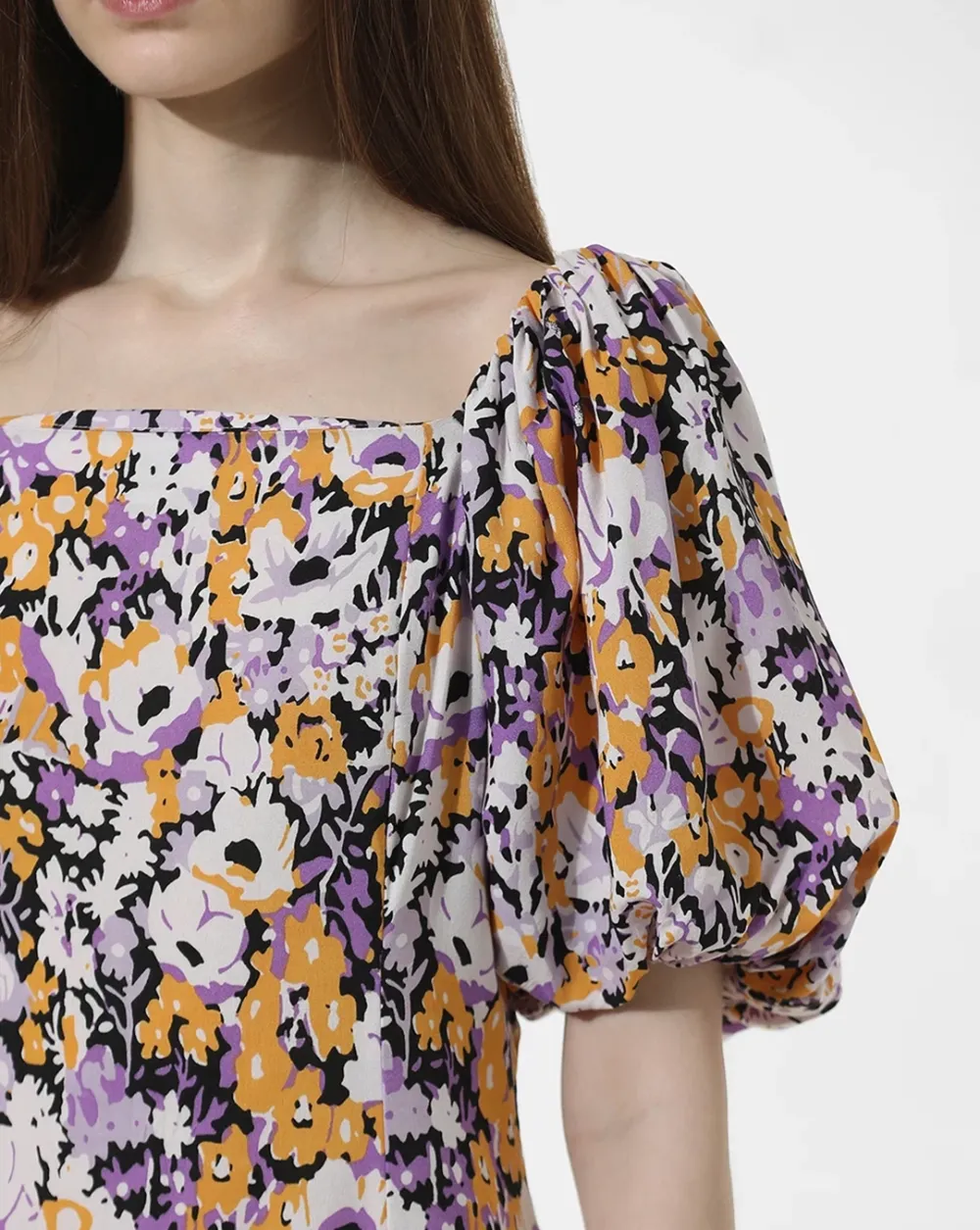 Square-Neck Puff-Sleeve Floral-Print Midi Dress