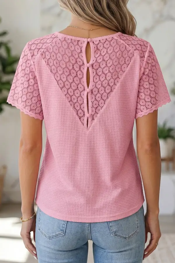 Pink Lace Splicing Button Cutout V Neck Waffle Knit Blouse