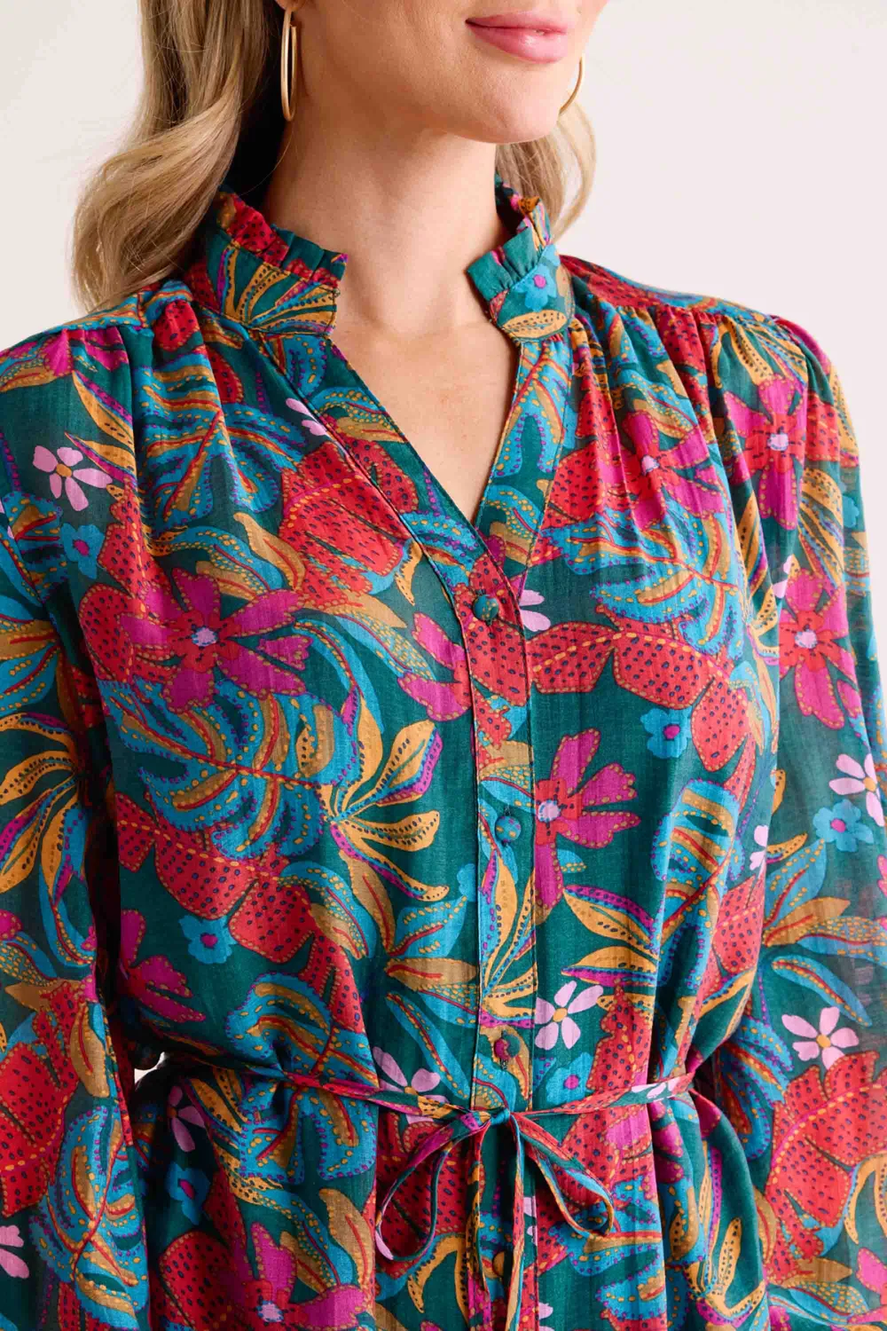 Multicolored Print Puff Sleeve Drawstring Dress