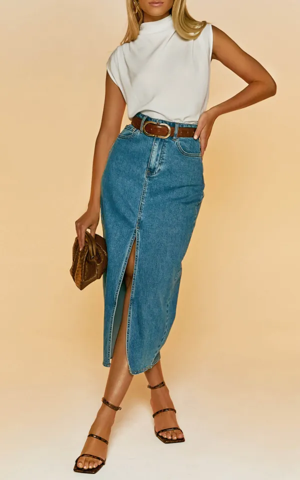 Denim Skirt in Mid Blue Wash