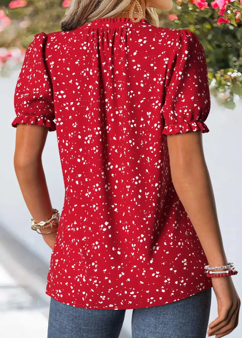 Red Geometric Print Frill Short Sleeve T Shirt