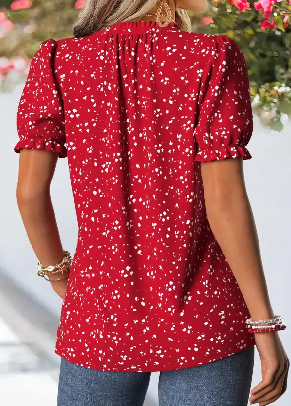 Red Geometric Print Frill Short Sleeve T Shirt