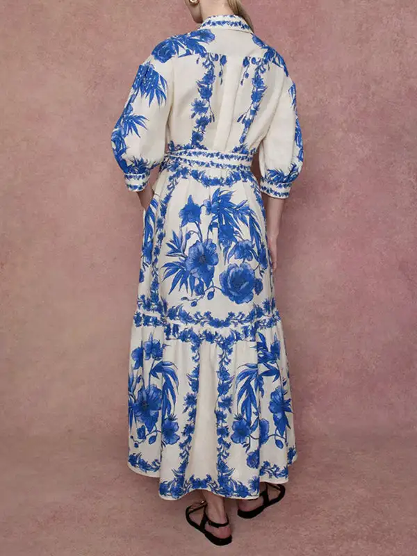Pleated Floral Printed Shirt Maxi Dress