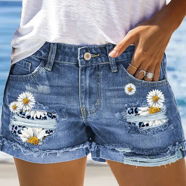 Daisy Print Denim Shorts