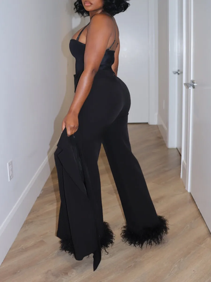 Black Feather Decorated Suit Pants Set