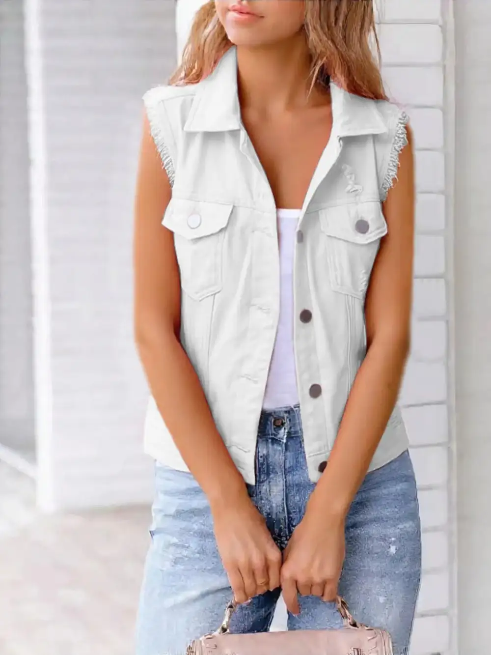 Full Size Sleeveless Frayed Denim