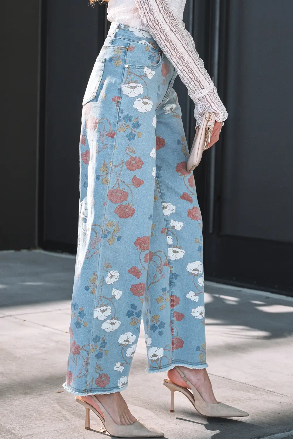 Floral Printed Raw Hem Shift Jeans