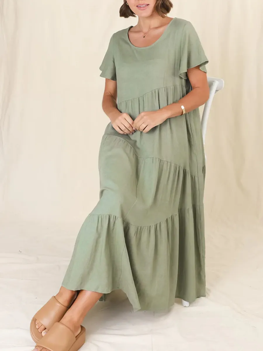 Round neck pullover cotton linen loose dress long skirt