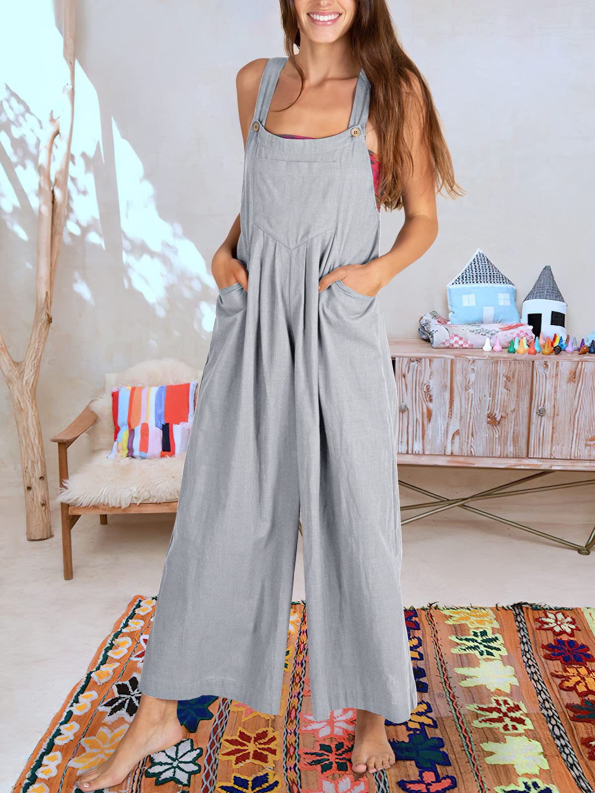 Solid Color Loose Casual Cotton And Linen Suspender Jumpsuit