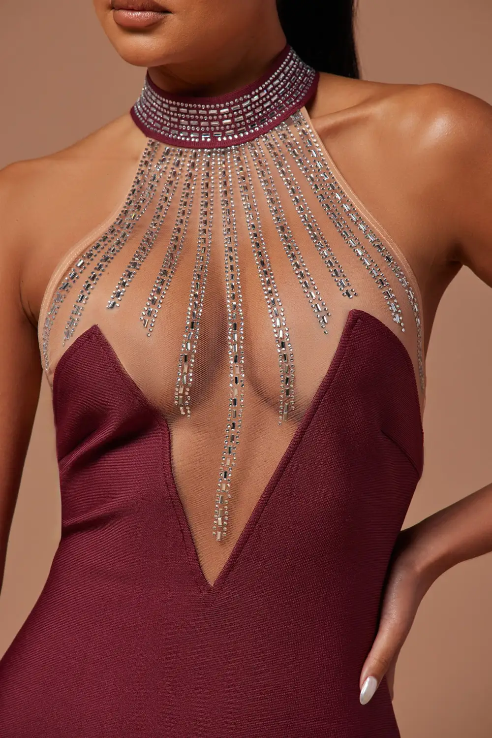 Lina Embellished Bandage Midi Dress - Burgundy