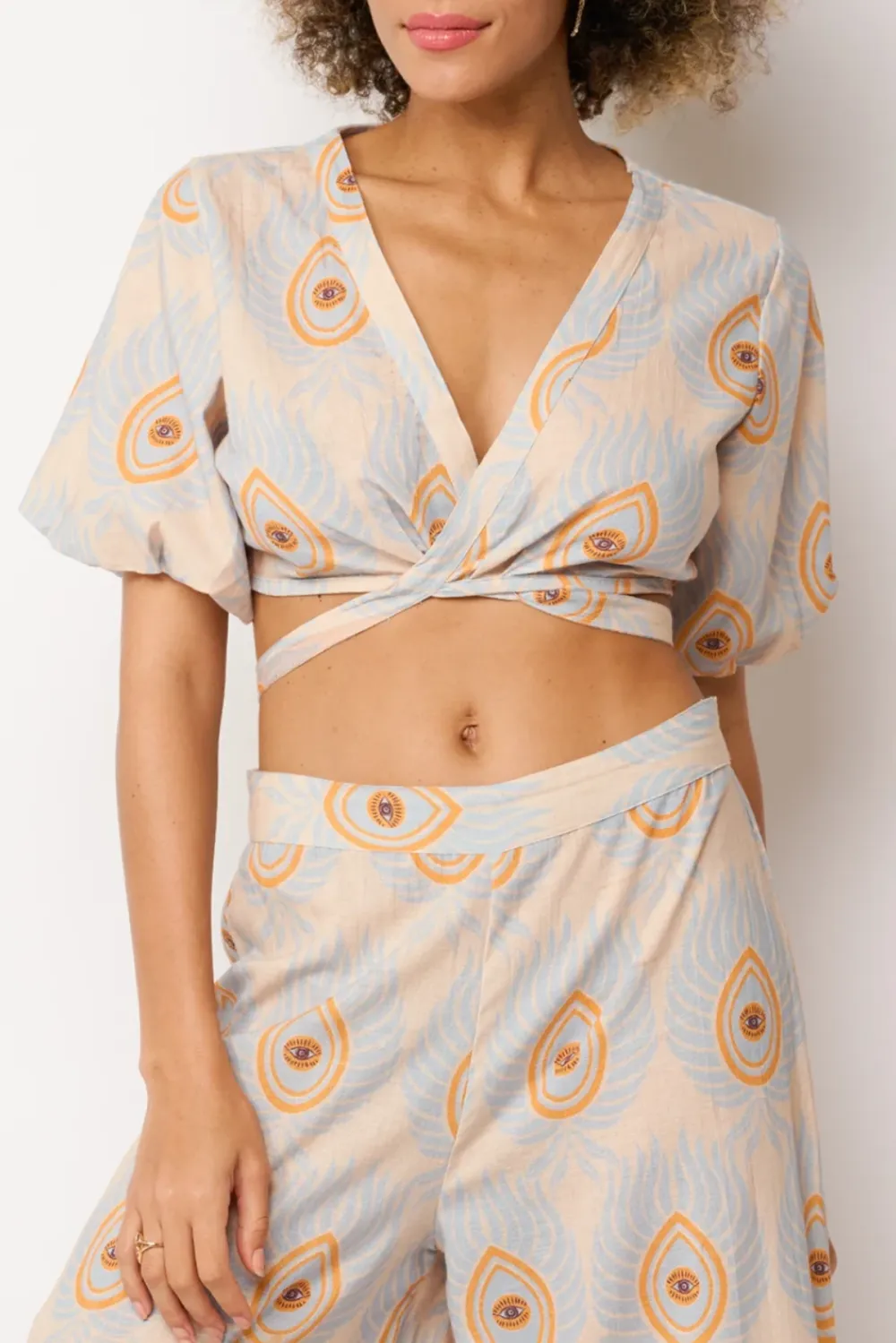 Light Blue And Orange Abstract Print Wrap Crop Top