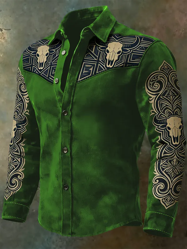Men's Bull Skull Tribal Print Ornate Western Gothic Casual Long Sleeve Shirt