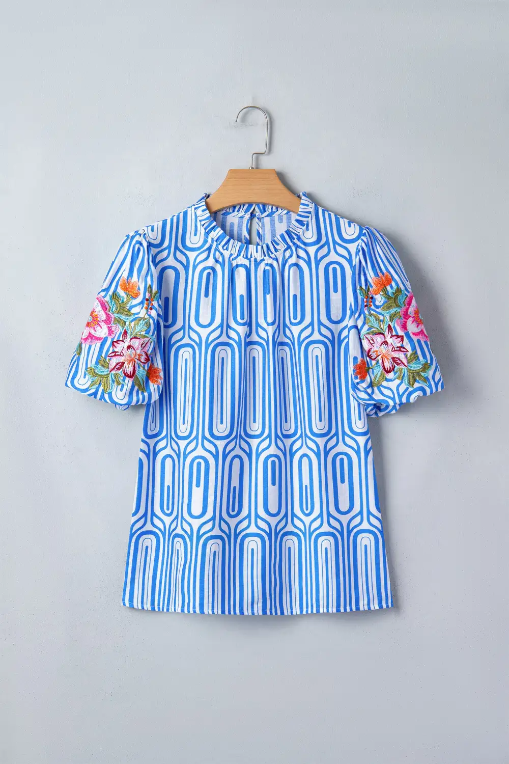 Sky Blue Unique Geometry Print Floral Embroidered Puff Sleeve Blouse