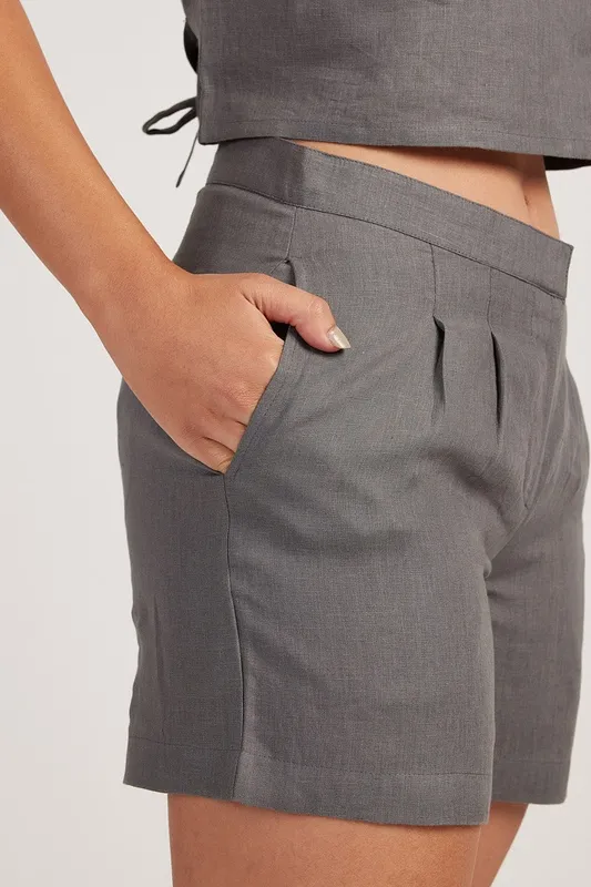 Slate Gray Linen Matching Set with Crop Tank & Tailored Shorts