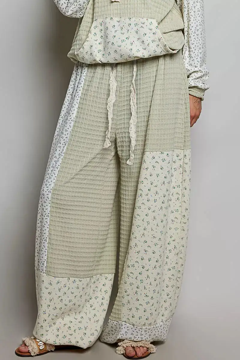 Patchwork Mixed Knit Wide Leg Pants
