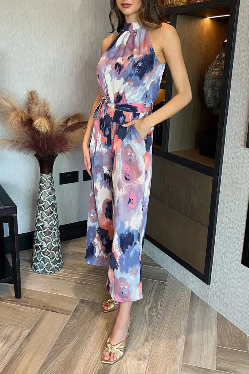 Colorful Art Print Women's Sleeveless Turtleneck Jumpsuit
