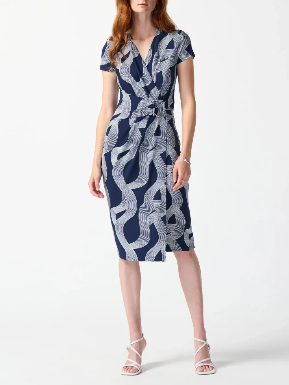 Navy Swirl Print Wrap Midi Dress