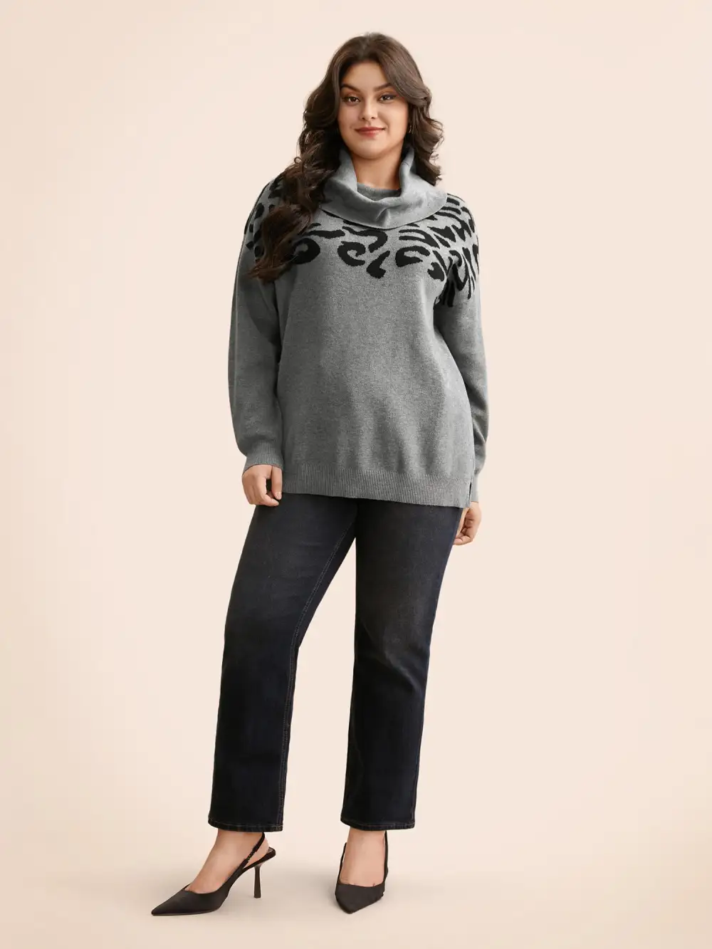 Leopard Print Turtleneck Drop Shoulder Sleeve Pullover