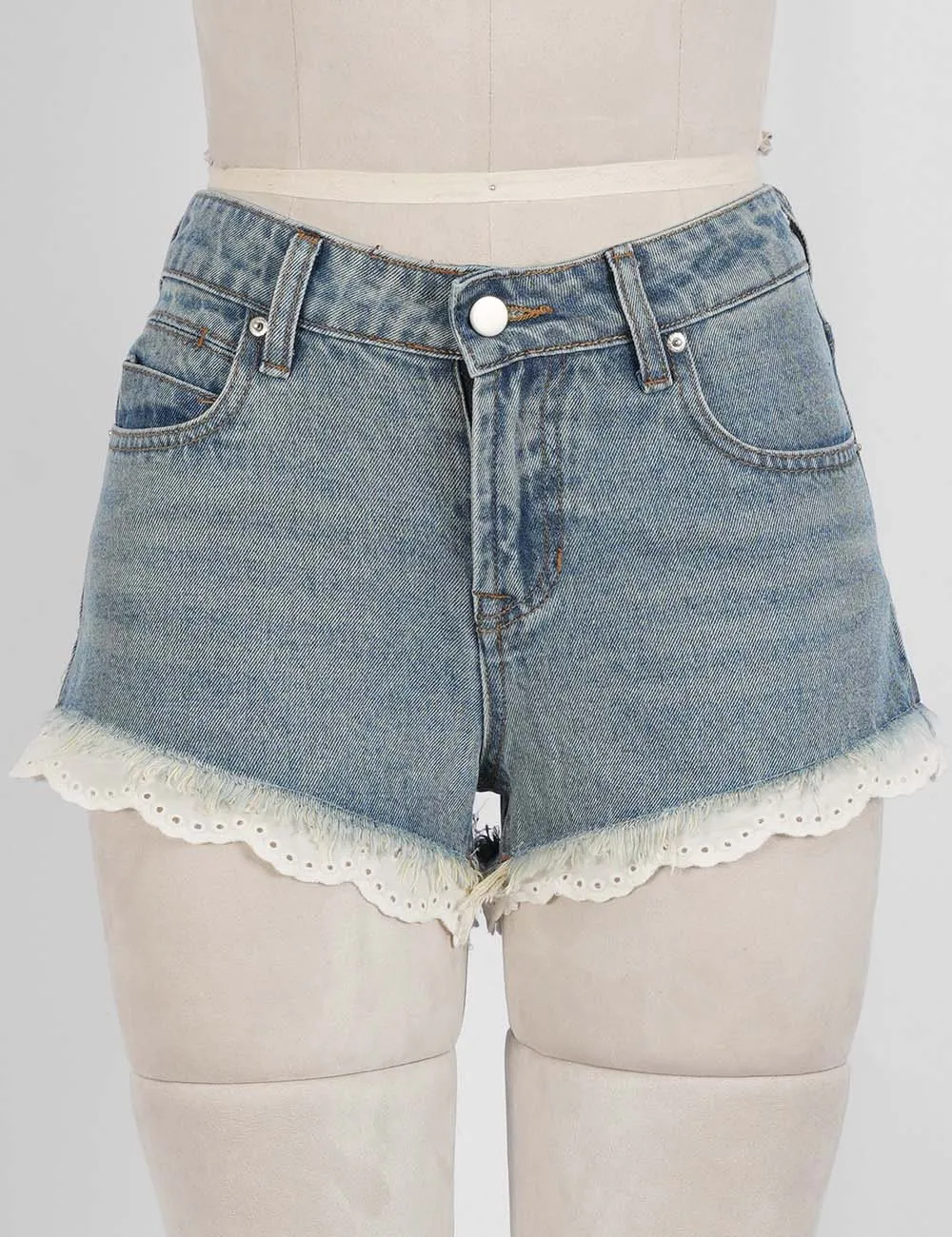 Lace Trim Frayed Hem Denim Shorts