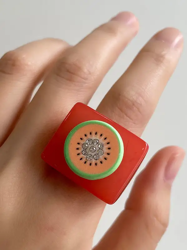 Geometric Fruit Motif Rhinestone Ring