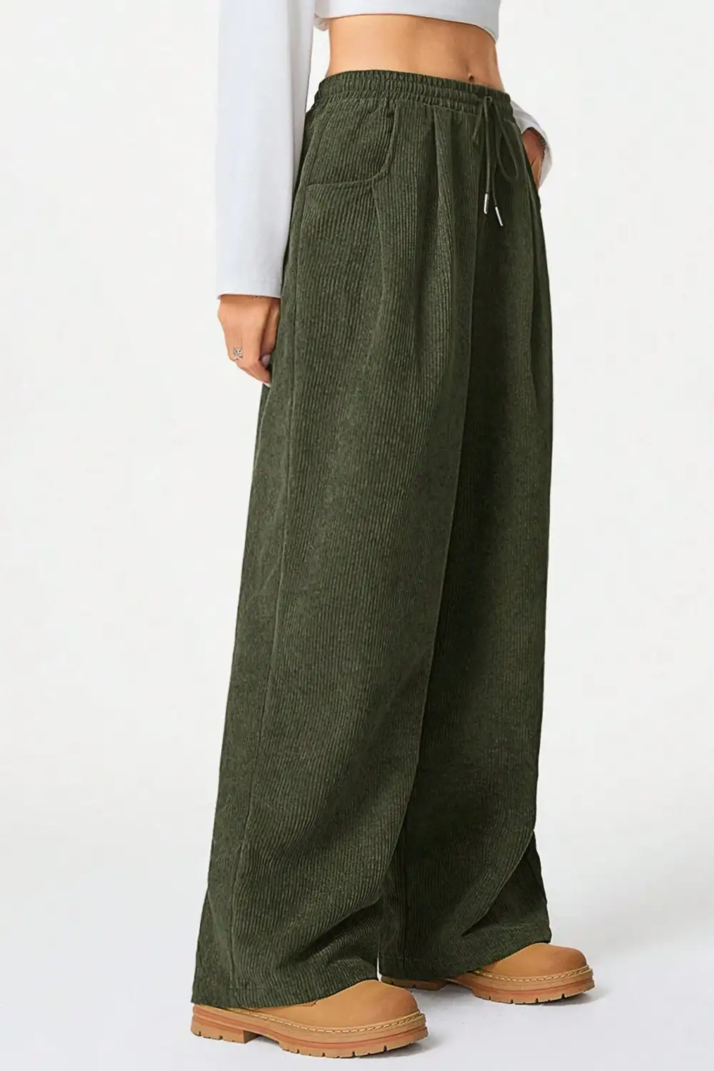 Drawstring Flannel Wide Leg Pants