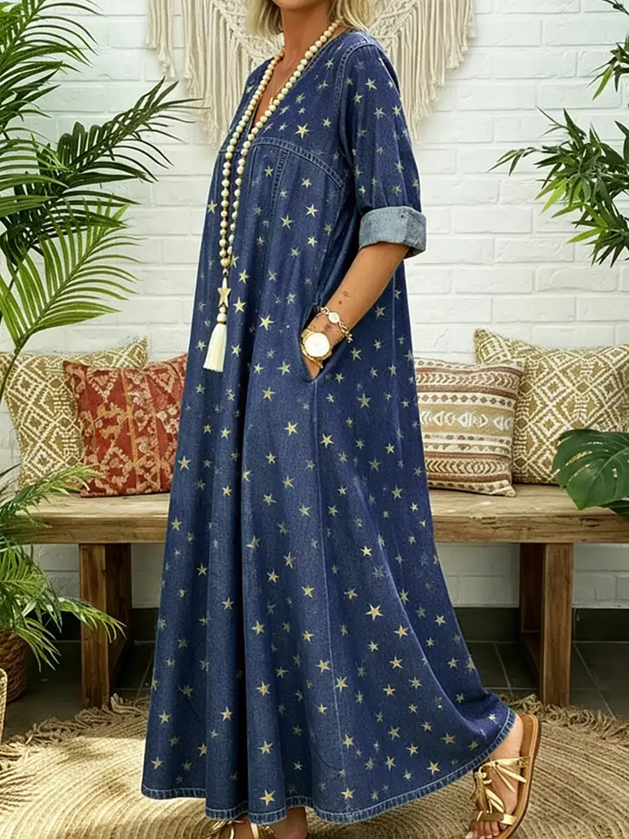 Sleeves Pleated Printed Long Neck Maxi Dress