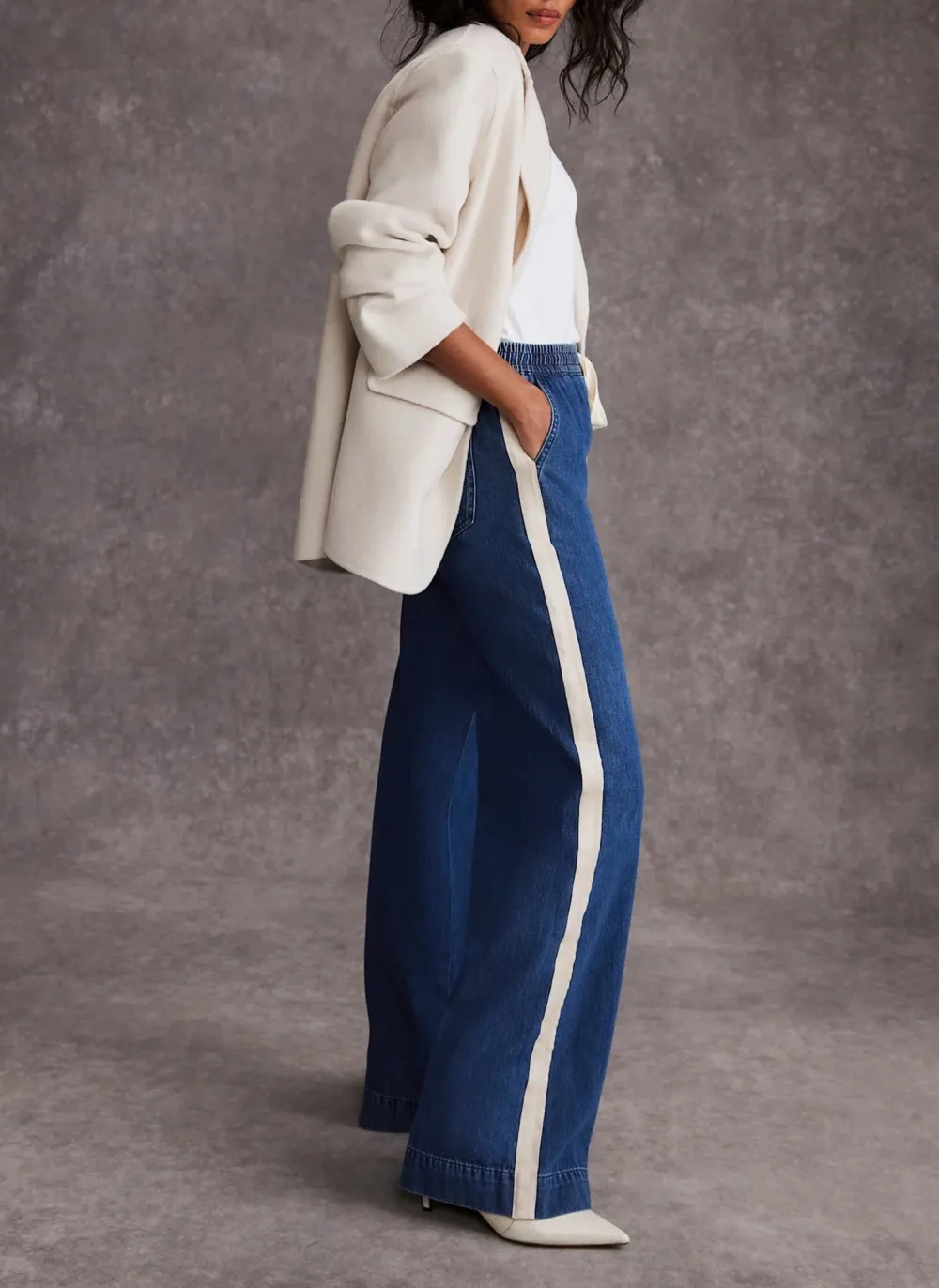 Casual Style Tie Waist Side Stripe Wide Jeans