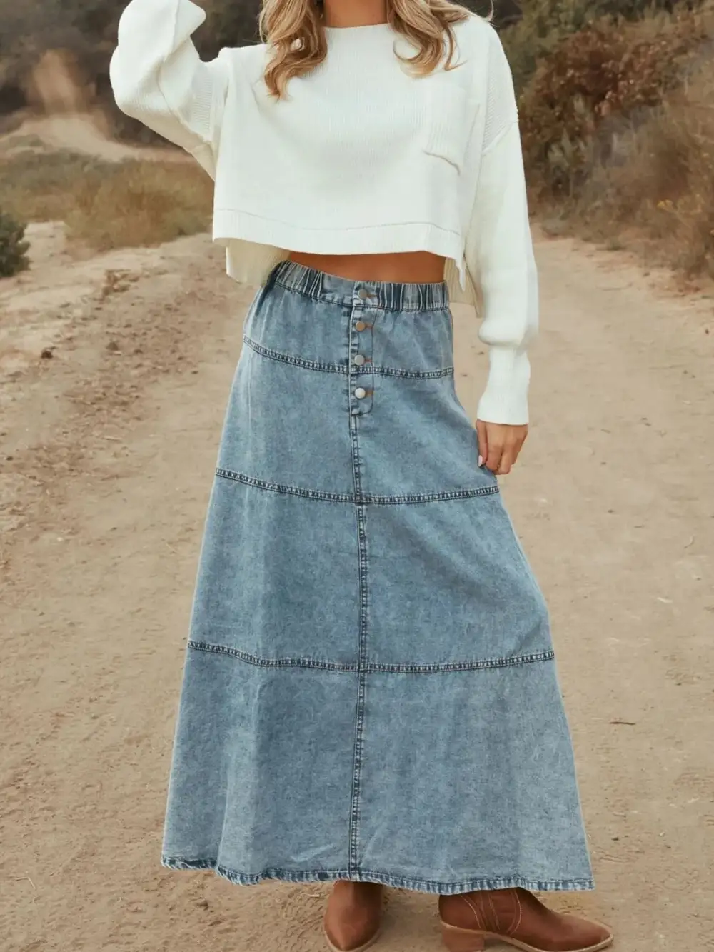 Trim Button Front Denim Detail Skirt