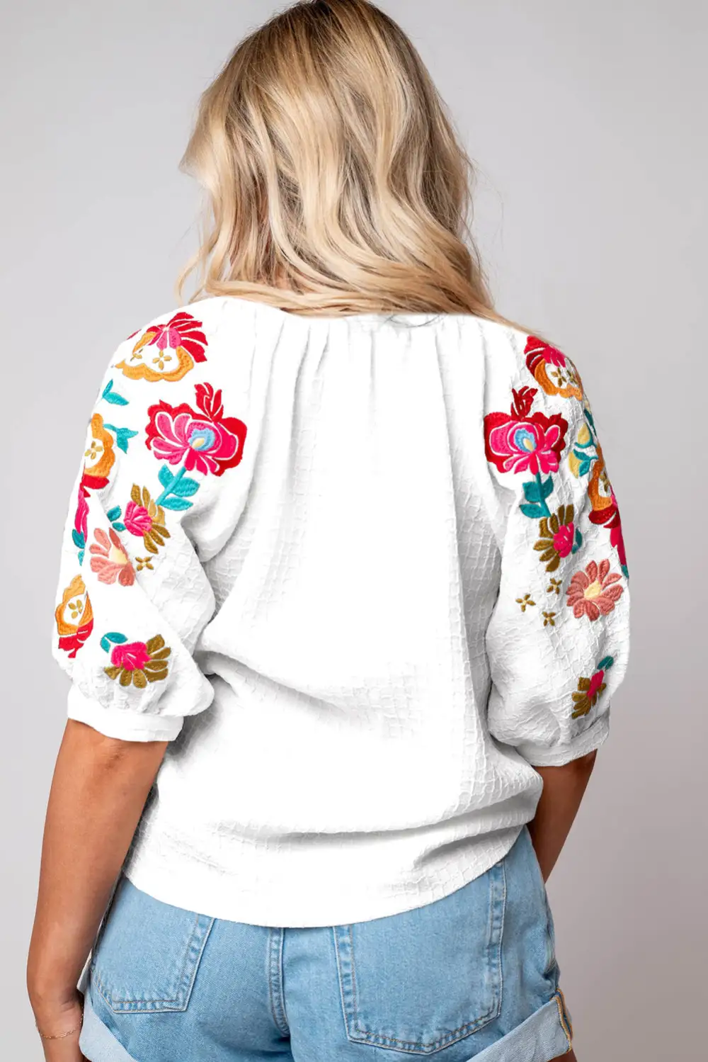 Softly Styled Floral Embroidered Textured Blouse