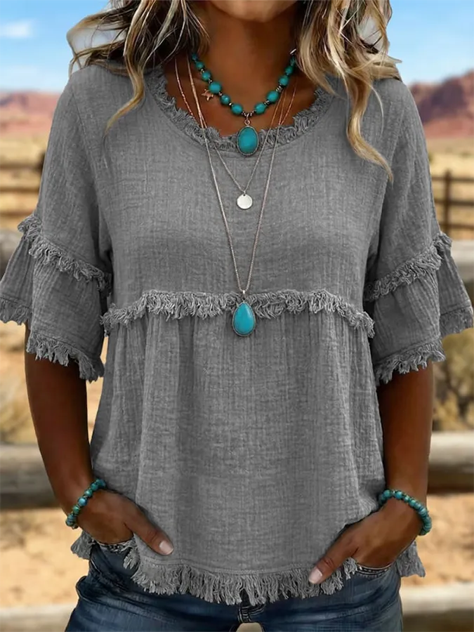Women's Retro Art Fringed Casual Western Cotton And Linen Shirt